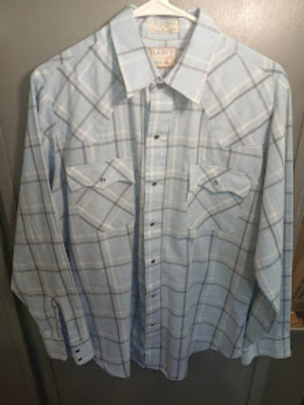 VTG 70s Levi’s Light Blue Plaid Pearl Snap Western Shirt L Korea